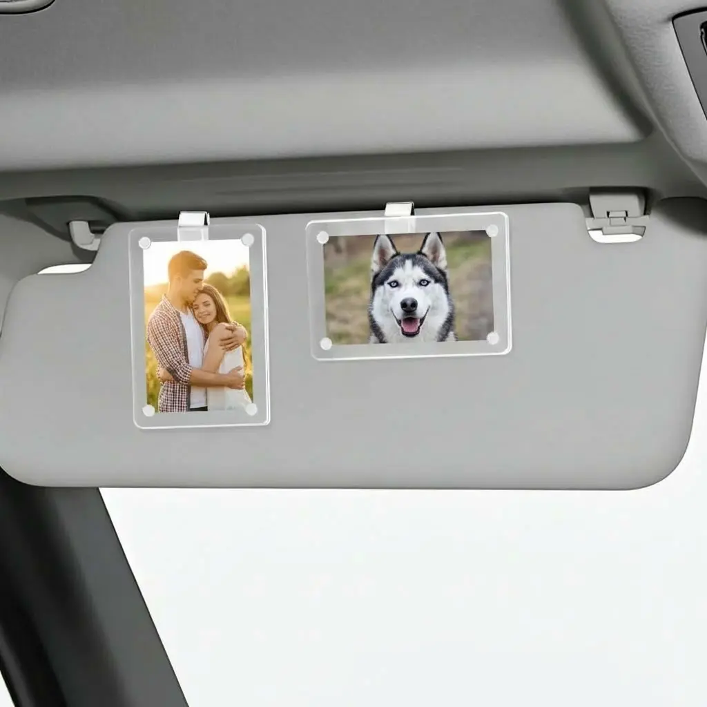2-Pack Car Sun Visor Photo Frame Holders | Clear Acrylic Snap Clips – Fits Most Vehicles | Displays Photos & Cards