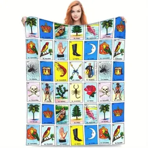 Mexican Loteria Card Pattern Blanket, Soft Flannel Blanket, Cool Bedroom Bedding Blankets, Air-conditioned Room Blanket, Warm Nap Blanket for Home & Office, Flannel Throw Blanket