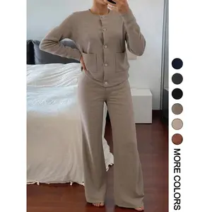Women’s two-piece set featuring a comfortable round-neck long-sleeve knit sweater and high-waisted versatile wide-leg pants, perfect for everyday wear