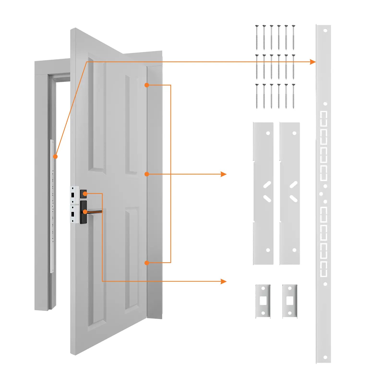 Yuleimy Door Armor MAX 5-Piece Front Door Upgrade Kit - Heavy Duty Steel Reinforcement System, 46" Jamb Shield, 2 Hinge Plates, Dual Anti-Kick Lock Plates, 30-Min Easy Install with Laser-Etched Template, Corrosion-Proof White/Black, Knockout Slots, Metal