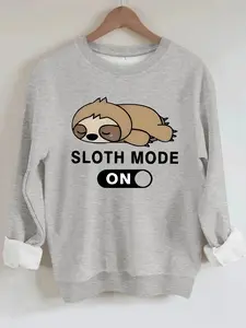 Women's Casual Cartoon Sloth Print Round Neck Sweatshirt, Fall & Winter, Graduation, Teacher, Back to School Pullover