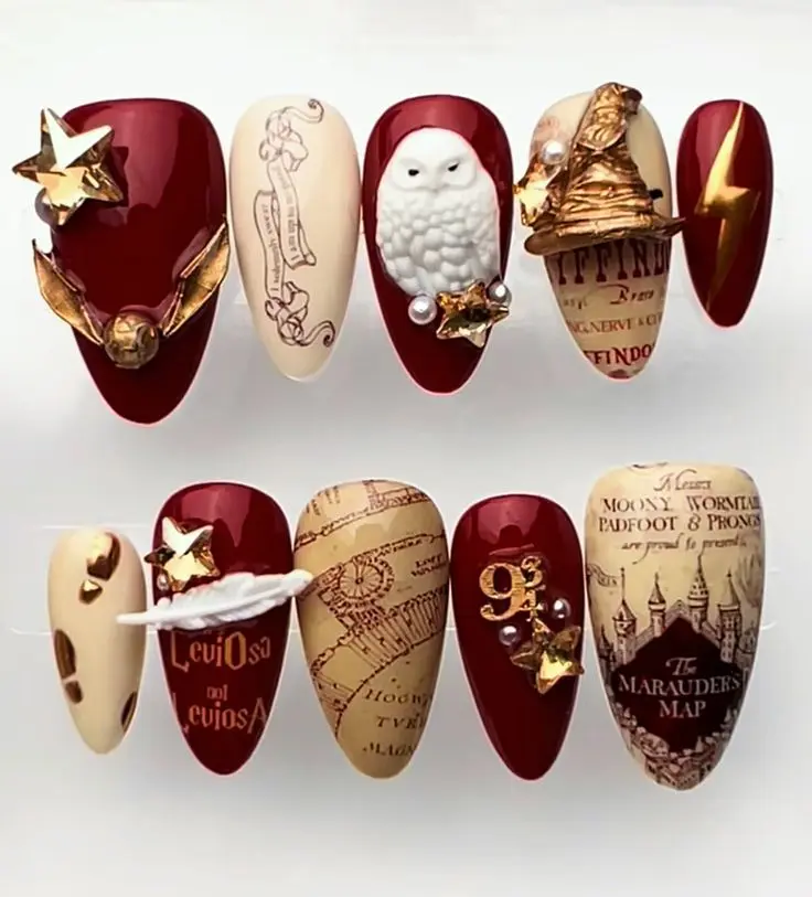 Wizard School Press On Nails Set Owl Sorting Hat Snitch Marauder Map Gryffindor Red Handmade Nail Art for Beaches, Summer, Holiday, Vacation, Birthday