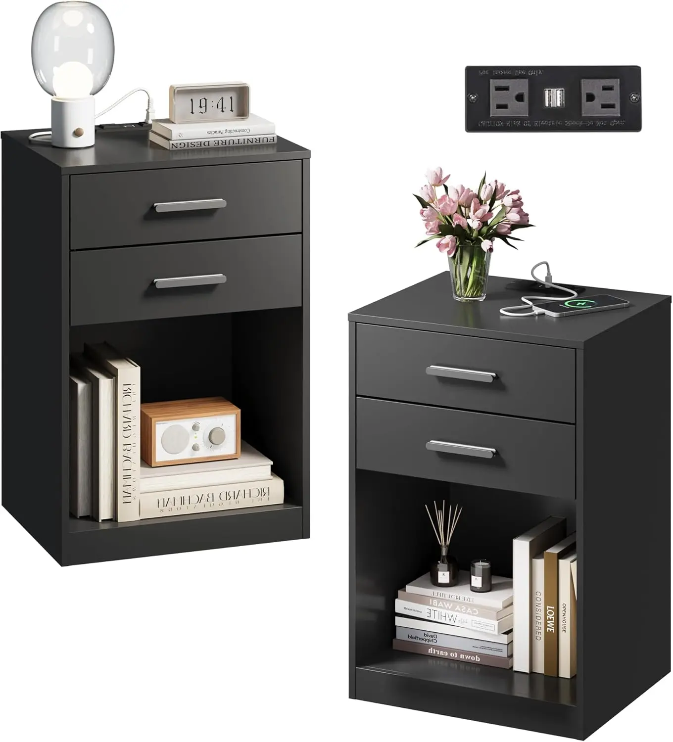 [Set of 2] WLIVE Nightstands with Charging Station, Bedside Table with Drawer | Storage(2 Drawers + 1Shelf), Charging Station(2AC+2USB), Sturdy 44lbs, Easy Setup with Tools, Pet-friendly Design for Bedroom, Matching Side Table, Modern Black Nightstand