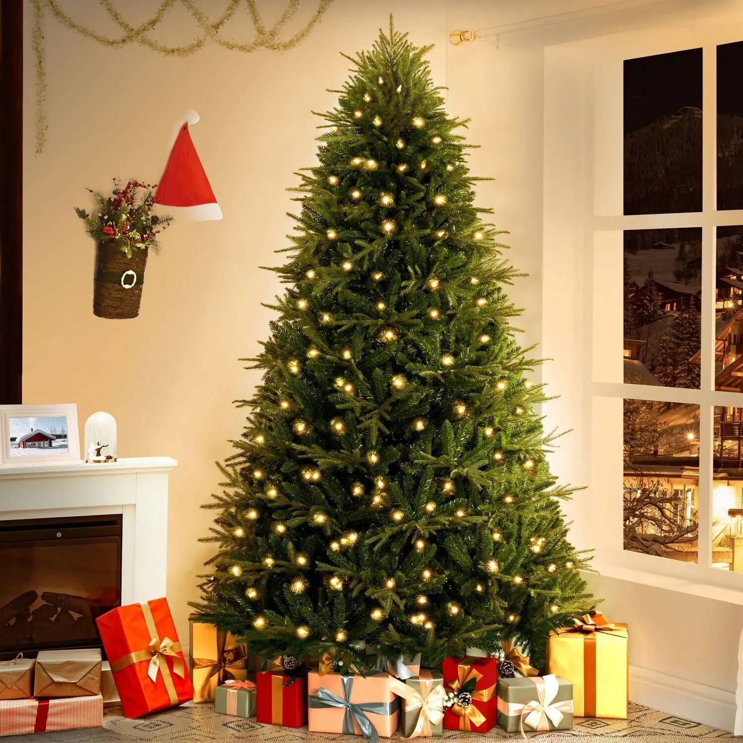 7.5ft Pre-Lit Traditional Artificial Christmas Tree with Foot Pedal - 58in Wide Hinged Design, 2755 Branch Tips, 600 Warm White LED Holiday Lights, Sturdy Metal Stand, Festive Home Decor for Ornaments & Topper