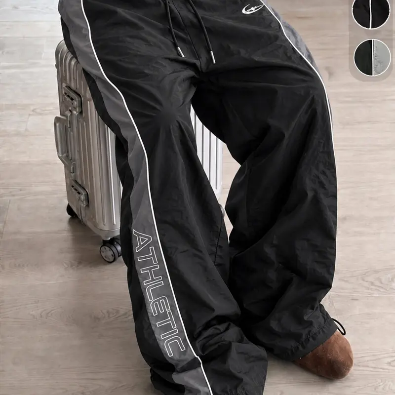 Unisex Side Stripe Contrast Track Pants, Baggy Straight Leg Sweatpants with Drawstring Elastic Waist, Lightweight Windbreaker Joggers, Y2K Streetwear Athletic Casual Pants, Loose Fit Hip Hop Workout Running Lounge Trousers for Men Women Everyday Wear
