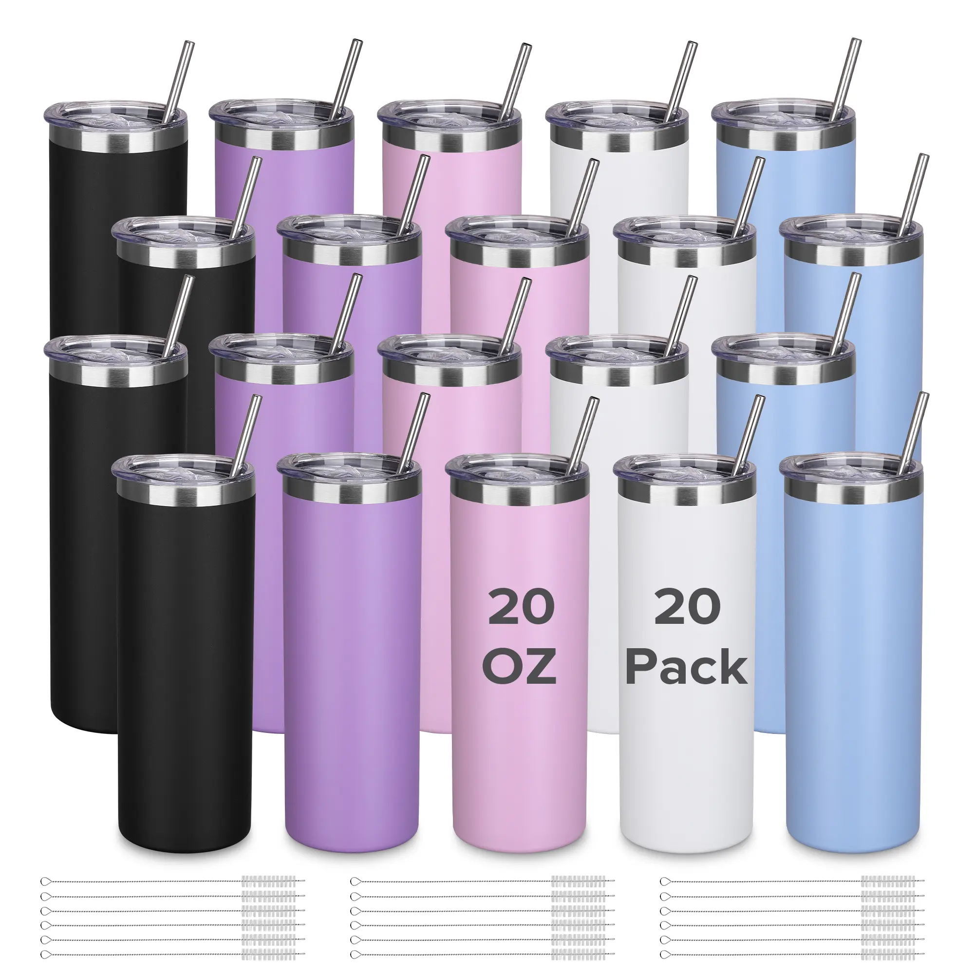 FASTSUB 20 oz Powder Coated Reusable Stainless Steel Tumbler 20-Pack, Leak-Free Vacuum Insulated Flask with Lid & Straw, Portable Sublimation Anti-Leak Vacuum-Sealed Bottle for Laser Engraving Custom Design, Insulated Bottle, Sublimation Vacuum Flasks