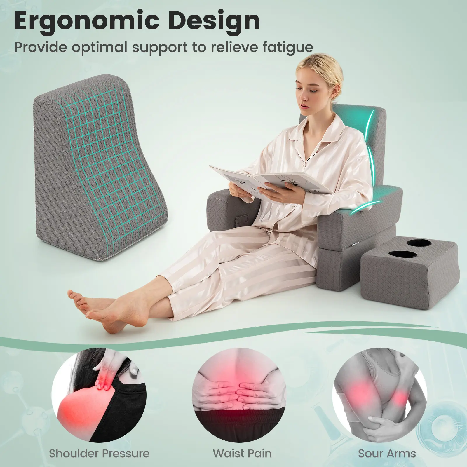 COSTWAY - 3-Piece Reading Pillow Set Extra Large Lap Desk with Coaster-Gray