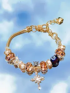 1 Charm No. 8 Ball Leopard Pattern Bracelet, Diamond Cross Pendant Bracelet, Star Element Bead Bracelet, Diamond Set Large Hole Bead Bracelet, Sexy Leopard Pattern Bead Bracelet, Essential for Daily Dressing, Party Date Wear