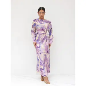 Cider Satin Round Neckline Illusion Print Twist Maxi Dress