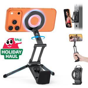OMOTON Magnetic Phone Tripod Stand - Foldable Travel Mount with 360 Rotating Shaft Adjustable Ring Grip Selfie Stick Clamping Mount & Hook for Desk Airplane Luggage Outdoor Use Smartphone Cellphone [Holiday Haul]