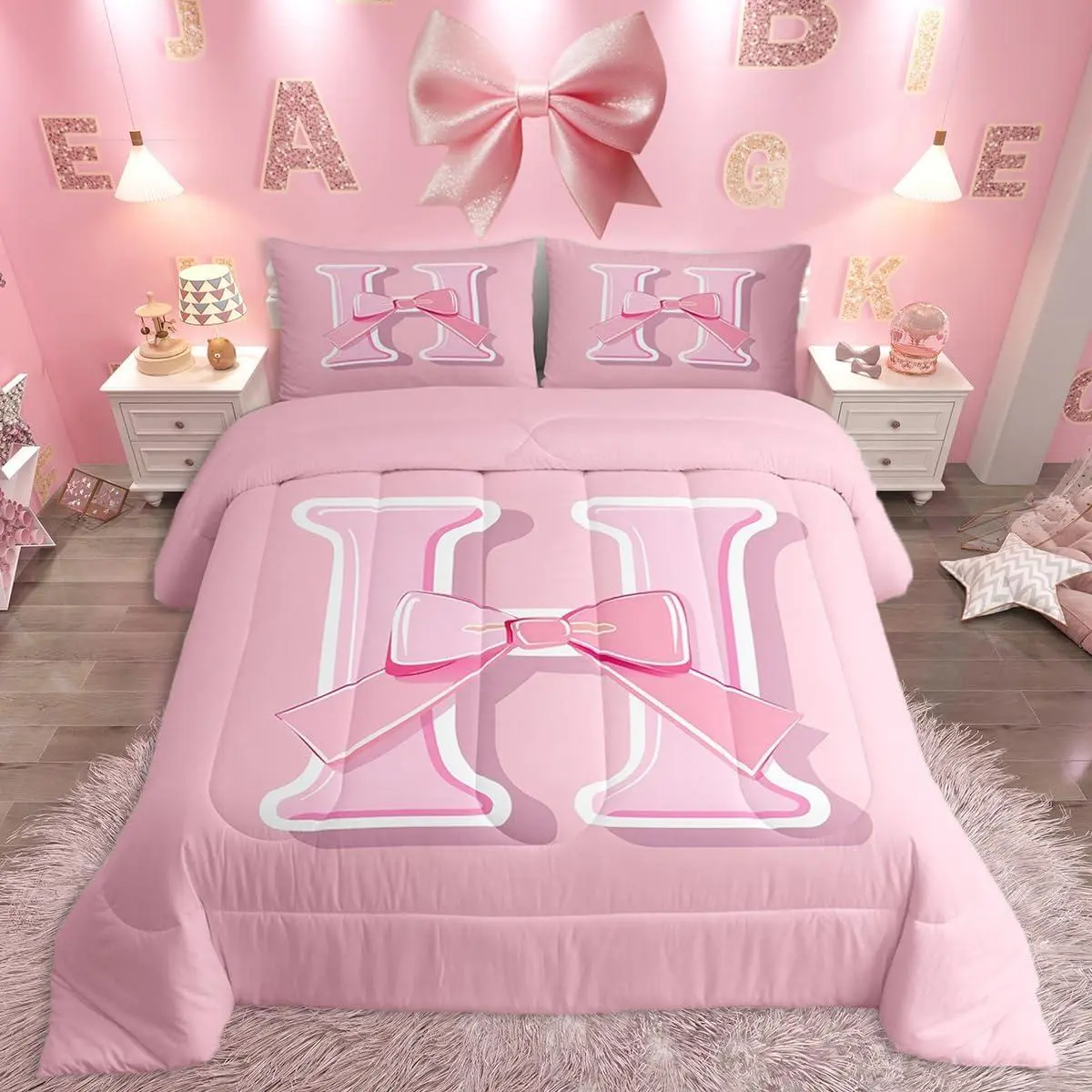 Dreamy Bow Bedding Set,,Decor Girly Romantic Ultra Soft Initial Letter H Bedding Set,Personalized Teen Girl Gifts Comforter Kawaii Pink,Duvet Set Room Decor Quilt Set