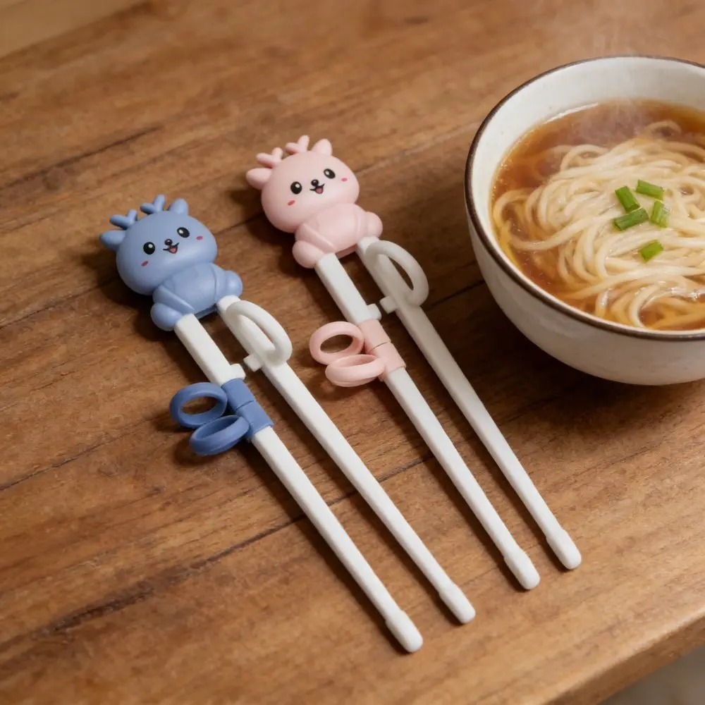 2-Pairs Children's Anti-Slip Ergonomic Training Chopsticks, Cute Cartoon Deer Design, Tiger Mouth Positioning, Easy-to-Grasp Outdoor Tableware for Camping & Hiking Camp Kitchen Mess Kits