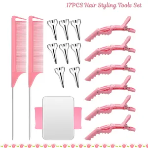 17PCS Hair Styling Tools Set for Braiding, Sectioning Rings, Rat Tail Combs, Hair Clips & Wrist Pin Holder, Professional Hair Braiding Accessories Kit Pink