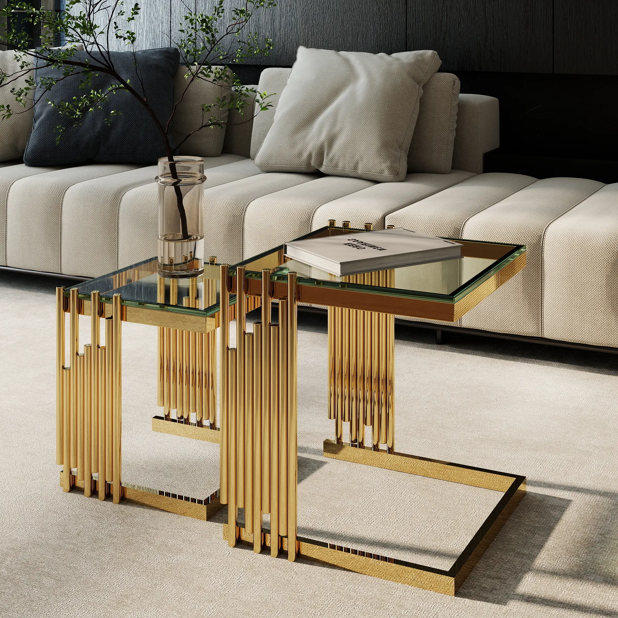 Modern 2-Piece Nesting Coffee Table Set with Tempered Glass Tops and Mirror-Finish Gold Stainless Steel Frames for the Living Room