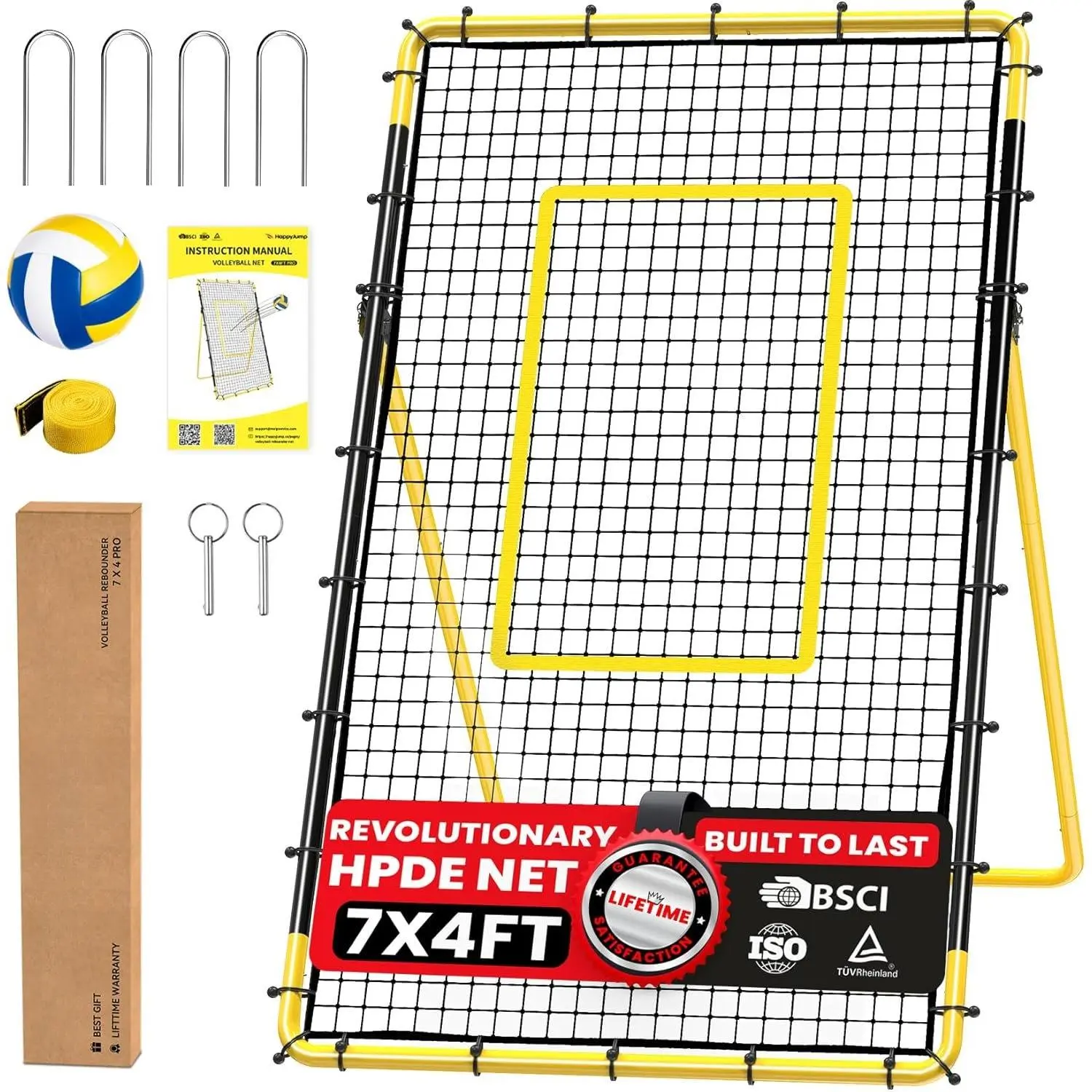7x4 FT Portable Volleyball Rebounder Net, 5 Adjustable Angles Bounce  Trainer, Heavy-Duty Steel Frame & 45-Ply Net, Target Practice  Equipment, Includes Volleyball