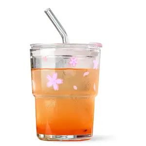 Yawbay  Iced Coffee Cup, 15Oz/450ml Glass Cups With Lids And Straws, Iced Coffee Glasses Tumbler, Thick Wall Mug For Tea Water With Glass Straw, Coffee Cute Tumbler Gifts (Pink)