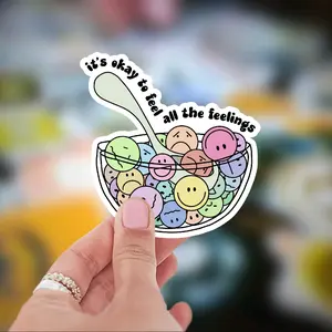 Its Okay to Feel All the Feelings 3 Inch Cereal Bowl Sticker with Happy Face and Sad Face Cereal Bits