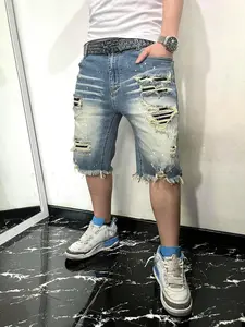 Splatter Print Denim Shorts, Loose Fit Unstitched Edge Jeans, Cotton Mid-Length Pocketed Shorts, Streetwear Y2K Fashion Summer Wear