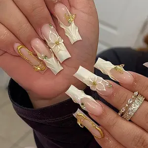 Nude Sheer French Press On Nails, 3D Milky White Shell Texture Carving, Gold Outline Wire, Butterfly & Flower Accents with Green Rhinestones and Pearls, Luxurious Elegant Long Trapezoid Removable False Nails with Jelly Glue and Nail File