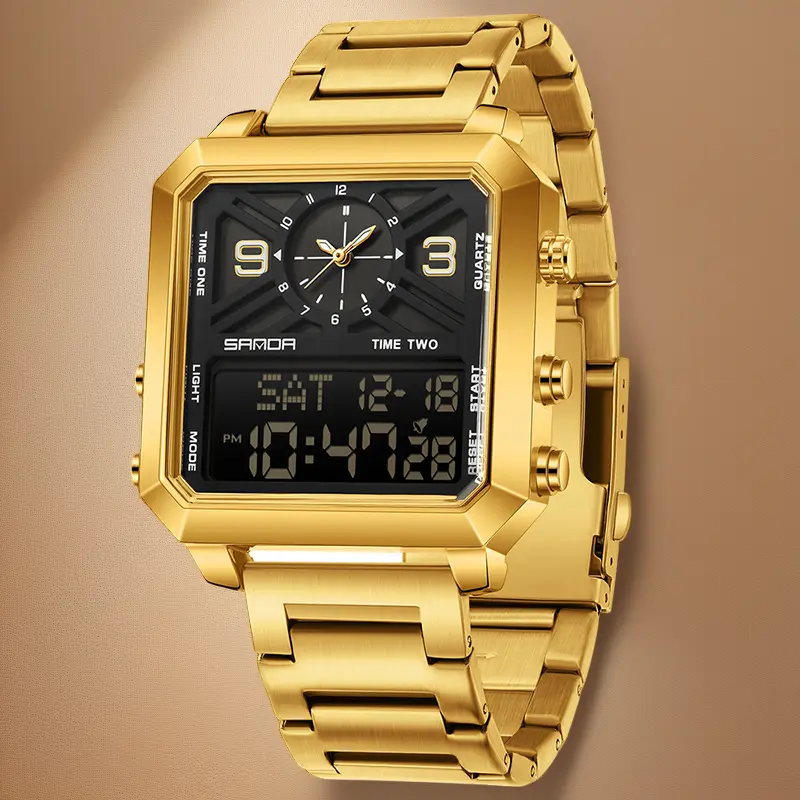Men's Square Multifunctional Dual-Screen Gold Watch - 3 Time Zones, Stopwatch, Alarm Clock, Countdown, 30M Waterproof, Night Light, Multiple Styles for Sports, Daily Wear, Gold Watches, Fashionable Waterproof Watch