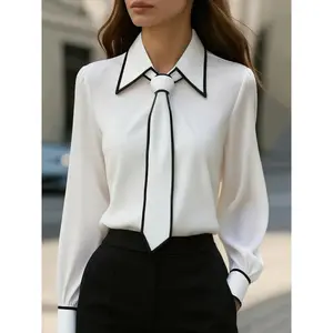 Women's Elegant Contrast Color Shirt Collared Long Sleeve Blouse with Bow Tie Sash Business Casual Office Top Stylish Work Wear Pair with High Waisted Pants