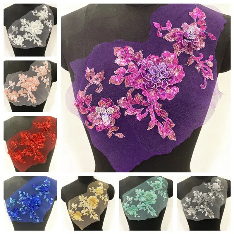 Large Sequin Embroidery Applique, 29x17cm Sew-On Patch for Clothes and Costumes Decoration, Style ZA64, Floral Embroidery Appliques, Sew-On Type, 290 Mm * 170 Mm, Floral Embroidery Design, Diy Fashion
