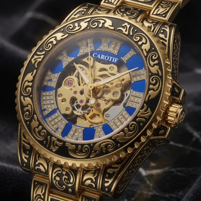 New Men's Watch with Engraved Night Light Sports Fashion Trend Disc to Disc Steel Strap Fully Automatic Mechanical Watch Elegant Round Dial Luminous Durable