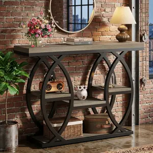 39.4 Inch Industrial 4-Tier Console Table, Narrow Rustic Brown Wood Sofa Entryway Table with Metal Frame, Floor Standing Accent Table for Living Room Hallway Foyer Home Decor