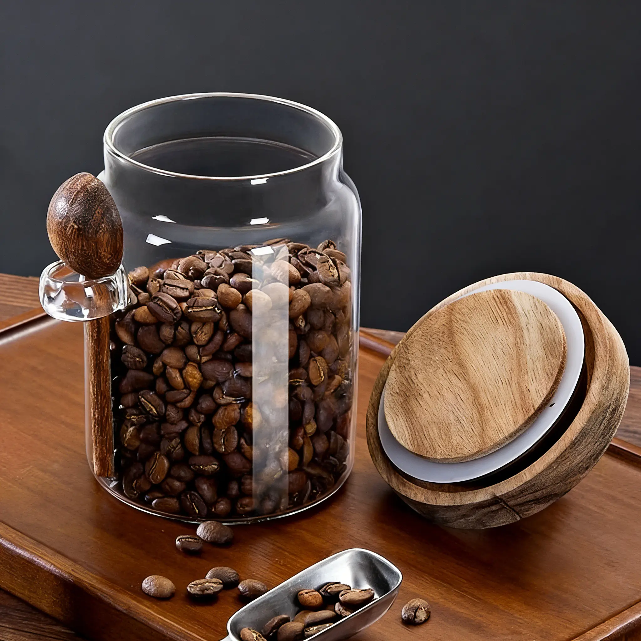 UFORU Clear Glass Canister Jars Set with Wooden Lids and Scoop - Multi-Purpose Jars for Coffee, Tea & Sugar Storage, Ideal Valentine's Day Gift for Countertop & Pantry Organization Bamboo Airtight