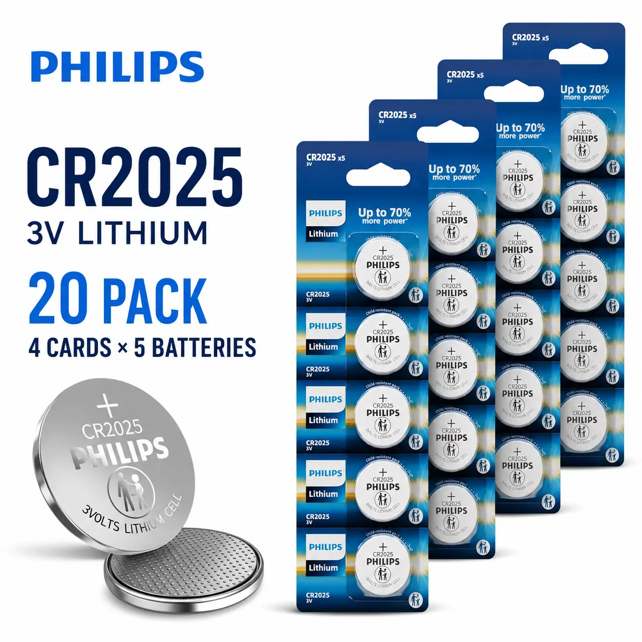 PHILIPS CR2025 3V Lithium Coin Batteries, 5/20 Pack, 10-Year Storage Life, Leak-Proof Design for Car Key Fobs, Watches, Remotes, Sensors & Small Electronics