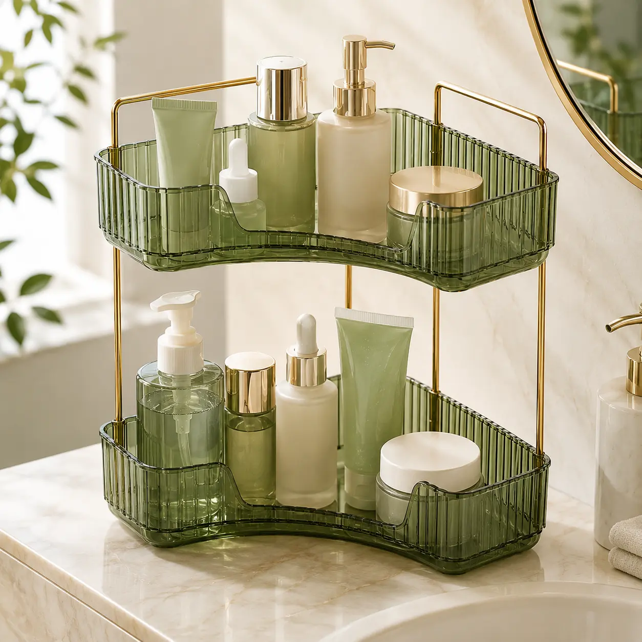 2-Tier Amber Plastic Multifunctional Makeup Organizer - Gold Frame Space-Saving Corner Open Shelf with Perfume Tray Storage for Bathroom Countertop, Vanity Lotions, Serums, Creams, Cosmetics