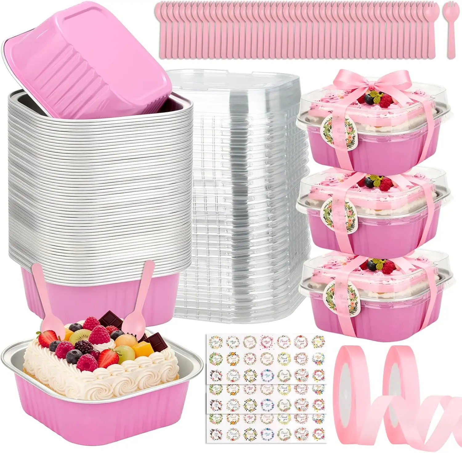10oz Square Shaped Tin Baked Goods Pans - Smooth Aluminum Foil Mini Cake Set with Plastic Lids, Disposable Kitchen Bakeware for Oven Baking, Individual Brownie Cups for Wedding Parties, Baking Supplies, Kitchen Baking Gadget