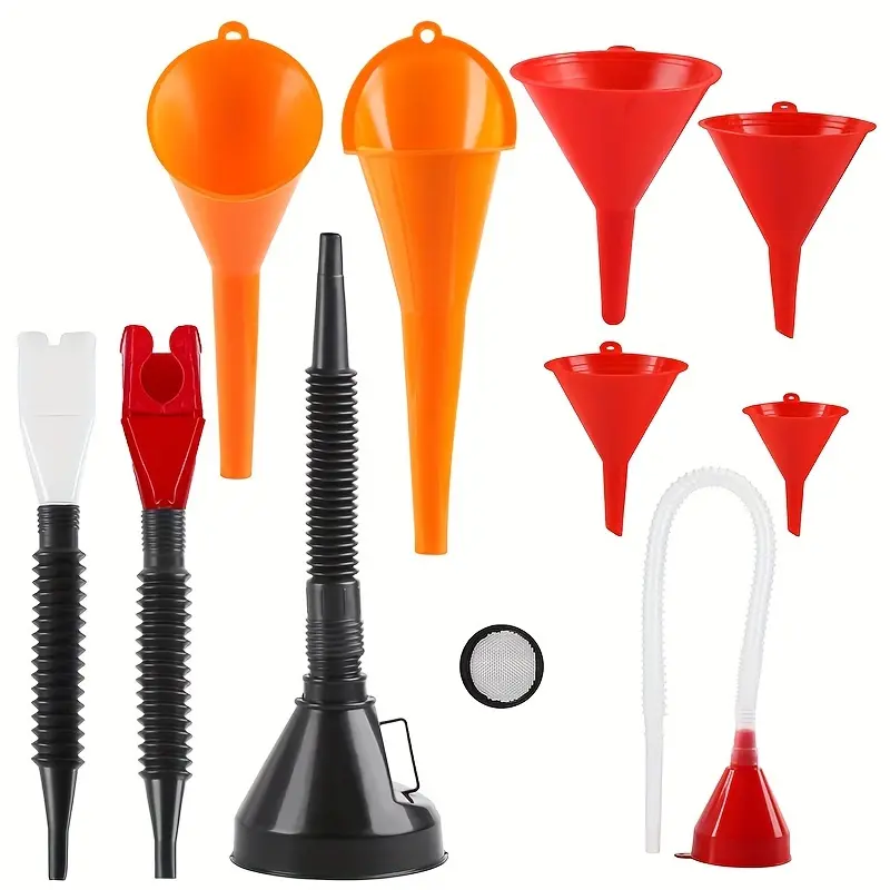 10-Piece Car Funnel Set, Automotive Repair Kit, Plastic Long Neck Oil Funnel, Snap-On Funnel, Flexible Right Angle Funnel, Wide Mouth Fuel Funnel, Car Repair Tools