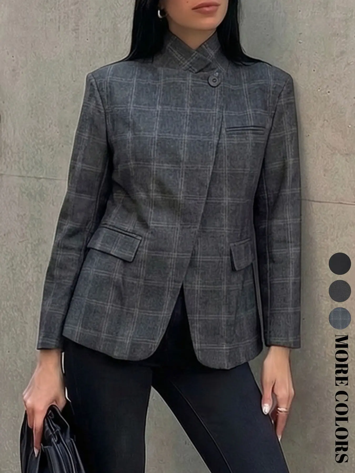 Women's Spring Fall Fashion Elegant Plaid Blazer Jacket, Long Sleeve Button Pocket Asymmetrical Loose Fit, Casual Versatile Daily Wear Essential Business Attire