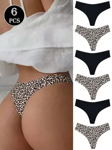 6 Pack Women's Thongs - Black & Animal Print Seamless Plain Panty Low Rise No Show Underwear Set