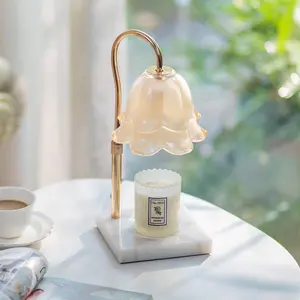 Candle Warmer Lamp with Timer: Flower Candle Warming Lamp with 2 Bulbs and Marble Base Height Adjustable Wax Warmer Dimmable Bedroom Decor Mom Birthday Gift for Women