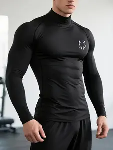 1-Pack Men's Muscle Fit Workout T-Shirt, Bodybuilding Fitness Tee, High Neck Athletic Tee Designed to Enhance Muscle Definition Stretch Performance Sports Shirt with Wolf Head Print for Outdoor Training, Running, Hiking, Gym, Fitness & Active Wear