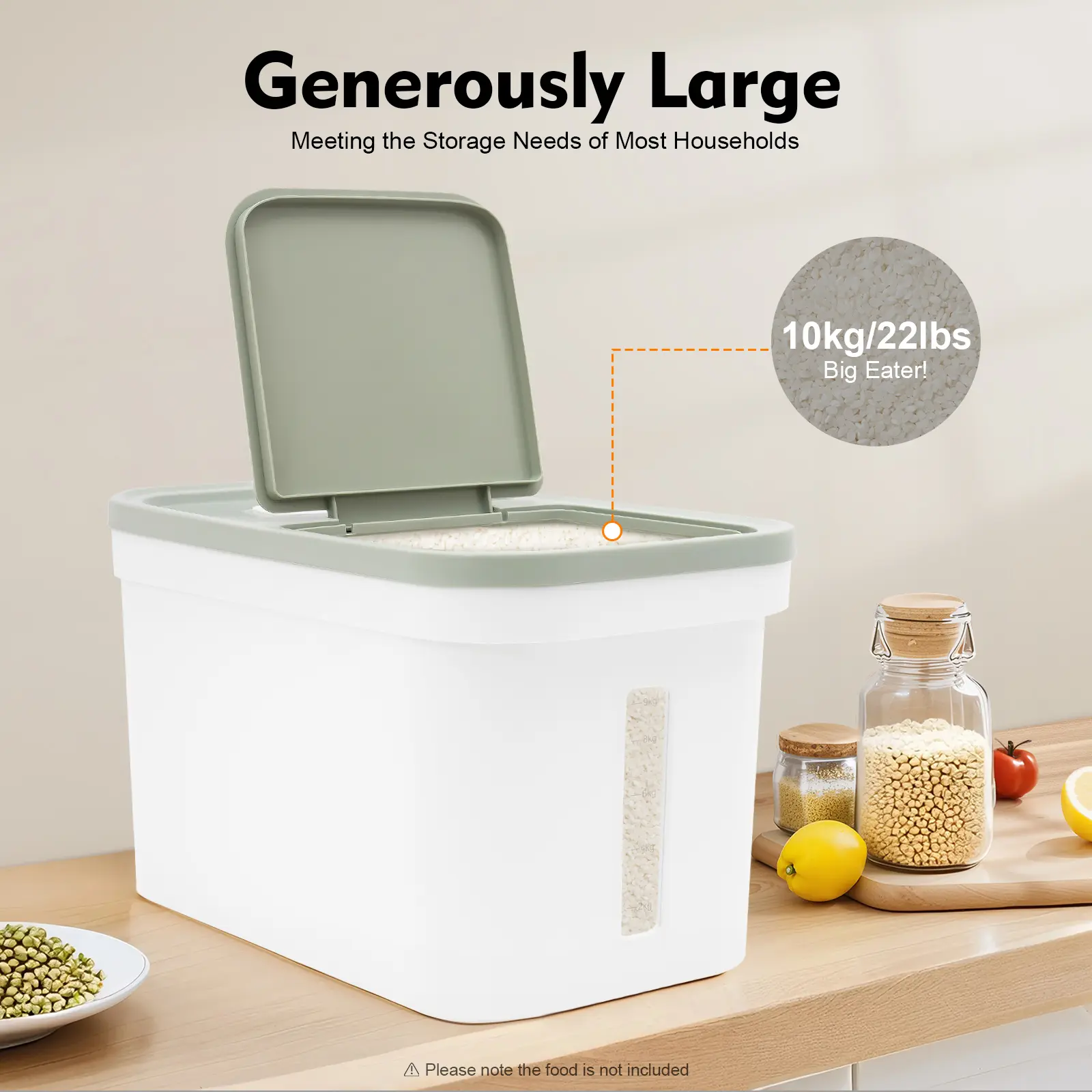 10Kg Large Volume PP Plastic Rice Storage Container with Airtight Lids & Measuring Cup, Leakproof Airtight Kitchen Preserving Container for Rice, Flour (Simple Look), Leakproof Airtight Containers