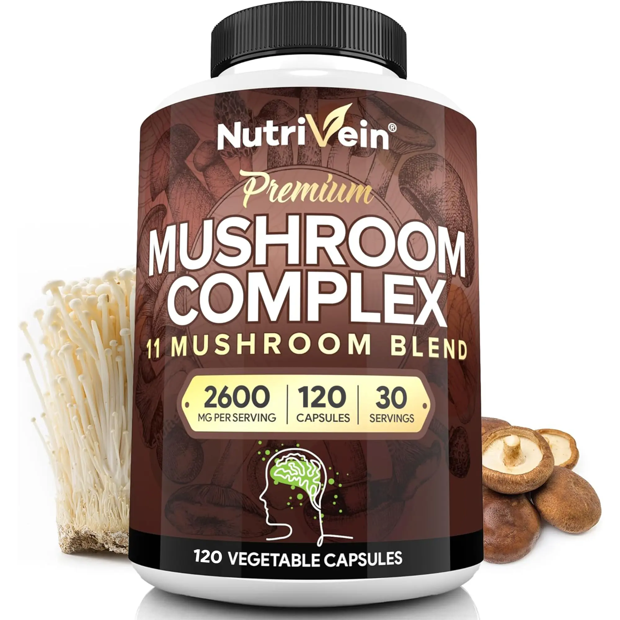 Nutrivein, Mushroom Supplement Capsules, 11 Mushroom Blend Dietary Formula, Plant-Based Nutrition Support, Fitness & Daily Wellness, 2600mg, 120 Capsules, 2 Capsules Daily
