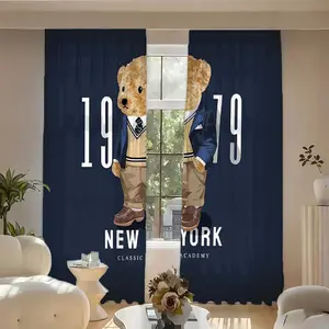 Polo Bear Print Curtains Set, Polyester Fiber Sunshade Drapes for Kitchen Bedroom Office Living Room Decorative Door Curtain Home Decoration Curtain (rodless)