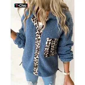 Women’s leopard patchwork fuzzy jacket with pockets and front button closure, casual drop-shoulder long-sleeve collared outerwear for fall and winter, ladies’ clothing for everyday wear