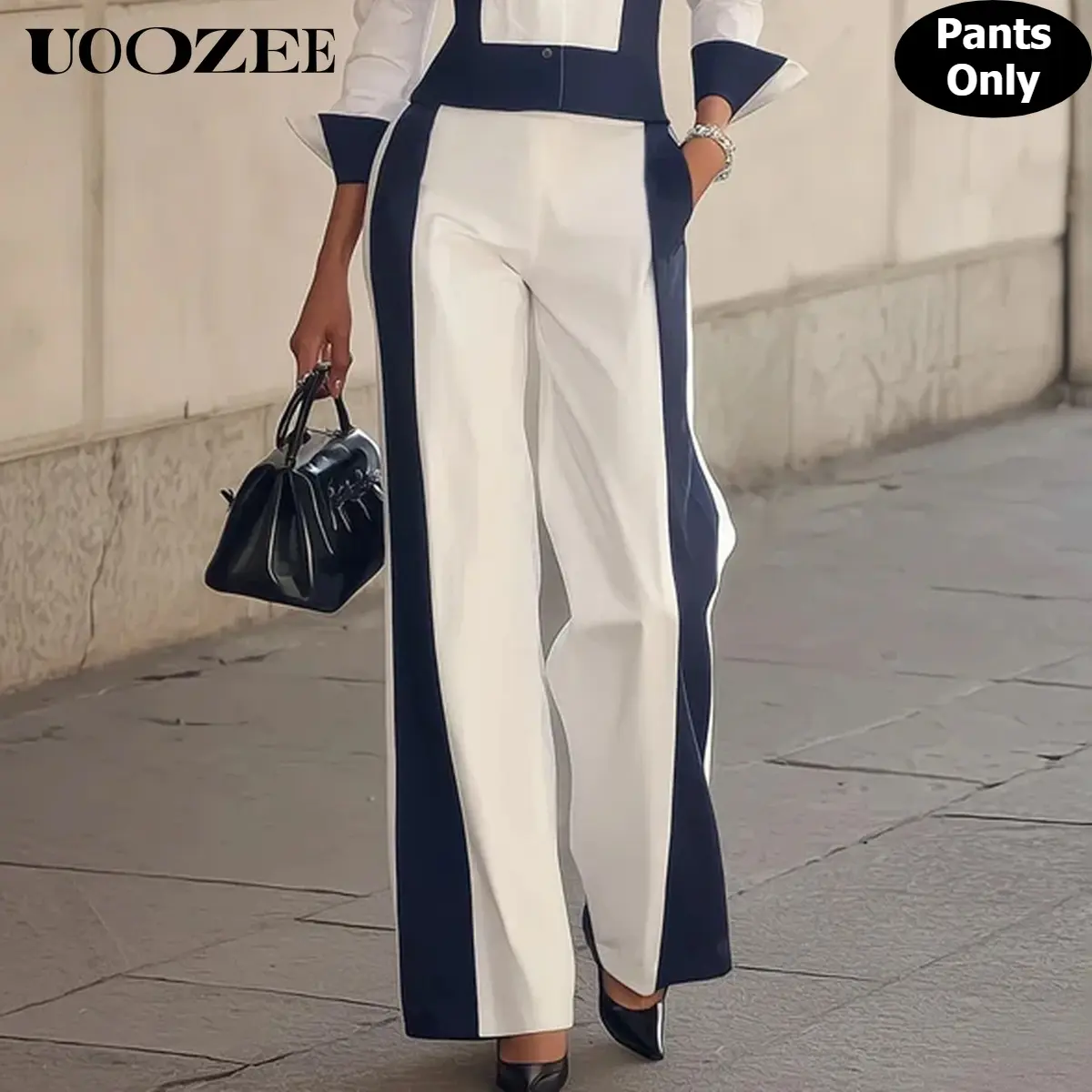 UOOZEE Women's Fashion 100% Cotton Lightweight Drape Smooth Non-Stretch Color Block High-Waisted Elastic-Waist Wide-Leg Pants with Pockets, Navy Workwear Trousers (Size Up for Fuller Waists, Easy Matching with Top/Blazer)