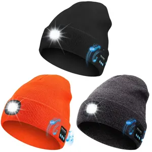 Bluetooth Beanie with Light, Unisex USB Rechargeable 4 LED Fashlight Hat with Cordless Headphones, Unique Christmas Birthday Gifts for Men Husband Teen warm beany Knit Balaclava Outdoor Activities skull cap cycling Spider Web sport lightweight sweat