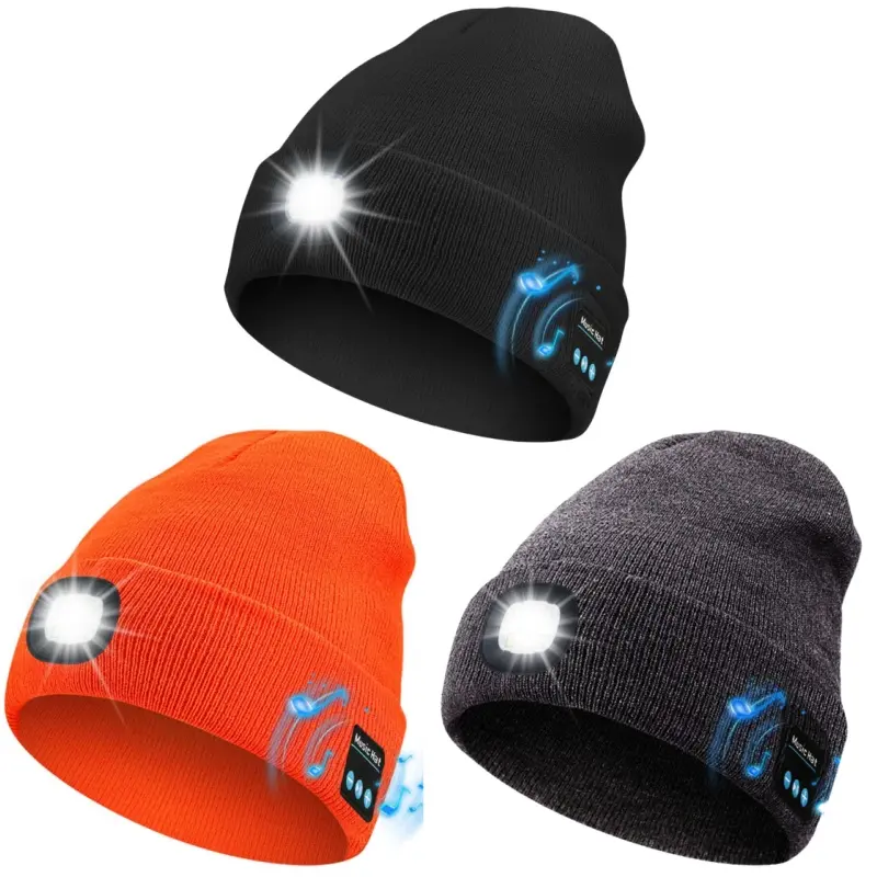Bluetooth Beanie with Light, Unisex USB Rechargeable 4 LED Fashlight Hat with Cordless Headphones, Unique Christmas Birthday Gifts for Men Husband Teen warm beany Knit Balaclava Outdoor Activities skull cap cycling Spider Web sport lightweight sweat summe