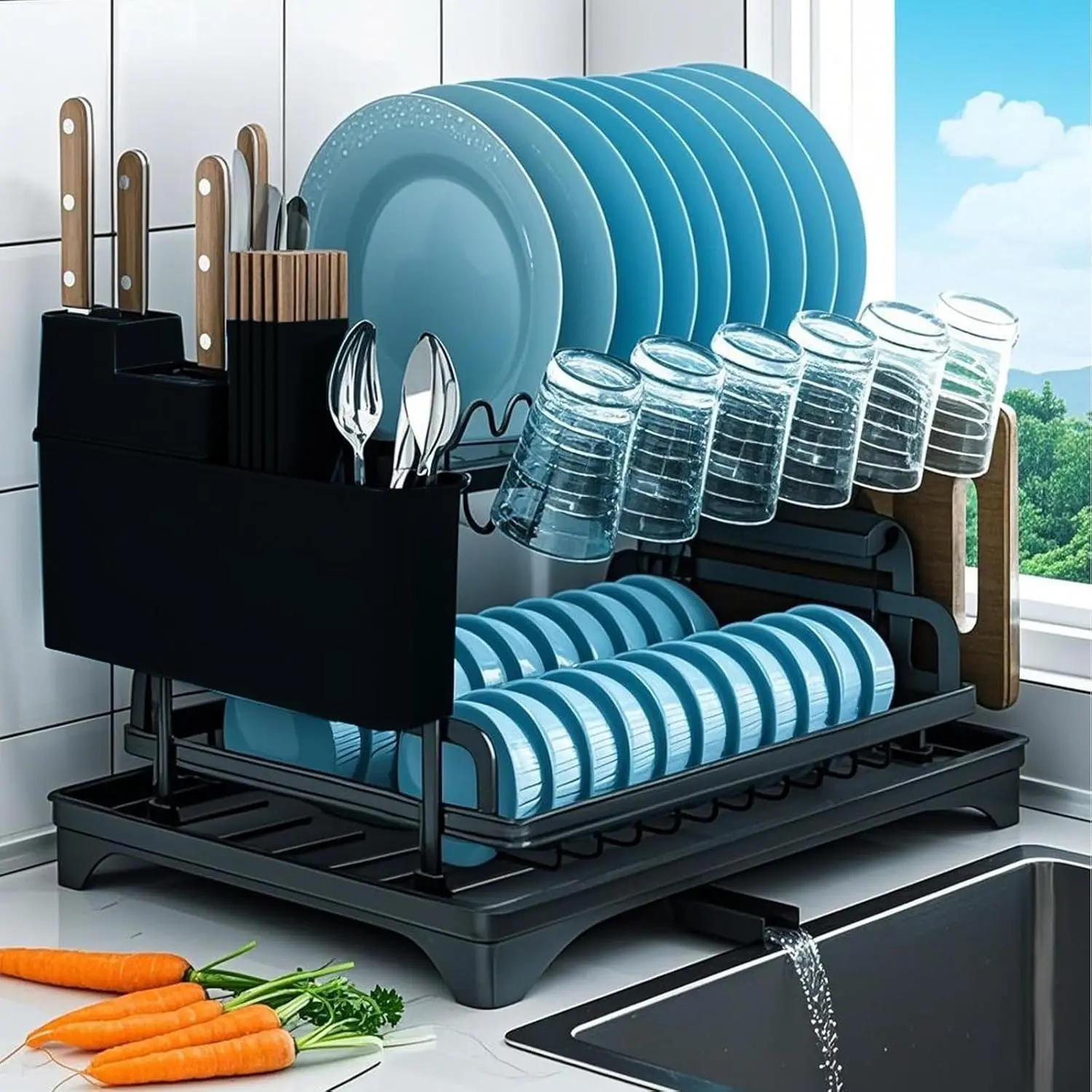 Double Layer Kitchen Storage Rack, Large Rust-Resistant Foldable Organizer, Clip Design with Drain Board, Prevents Utensils Sticking, Kitchen Draining Rack, Bowl Drying Rack