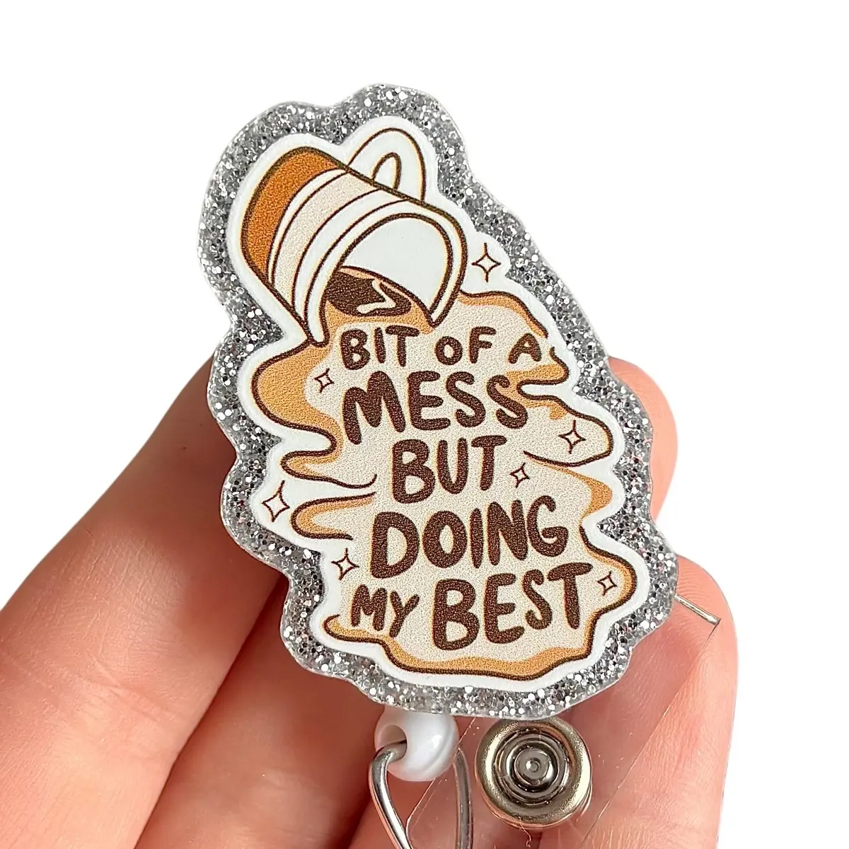 Glitter My Badge Funny ice coffee badge reel for nurse and hospital workers. Badge clip Badge pull - Retractable swivel clip with a 360 rotation. Great gift for coworker.