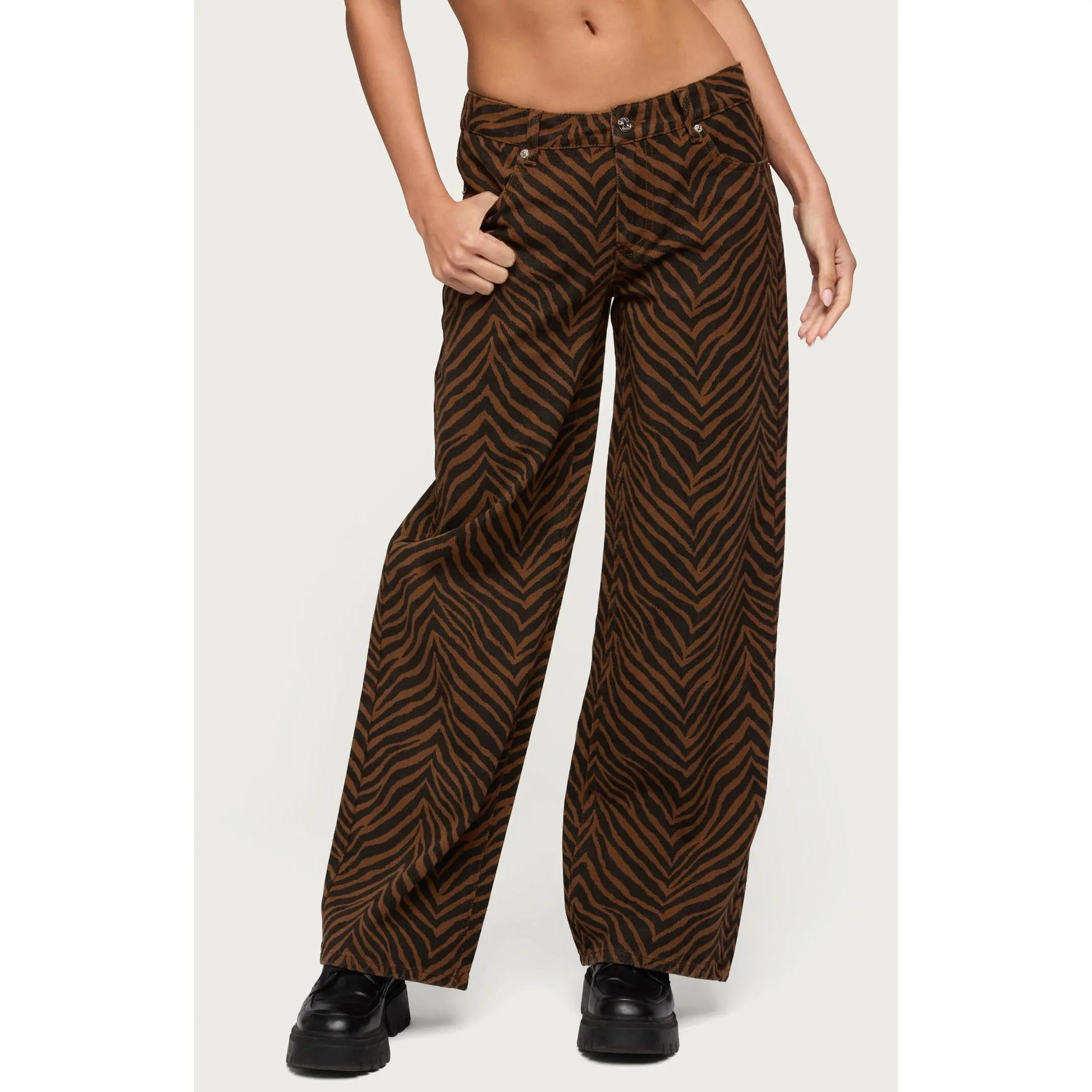 Edikted Women's Zebra Print Low Rise Baggy Jeans
