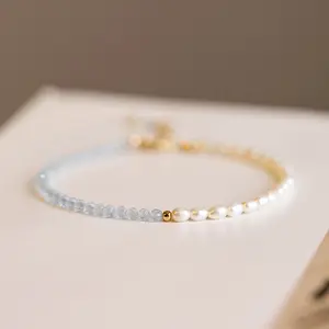Natural Crystal Aquamarine Rice Mother of Pearl Beaded Healing Elegant Bracelet for Women