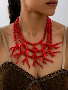 Bohemian Coral Geometric Beaded Necklace, Stacked Layered Design, Perfect for Spring Summer Parties, Stage Accessories, Jewelry Accessory