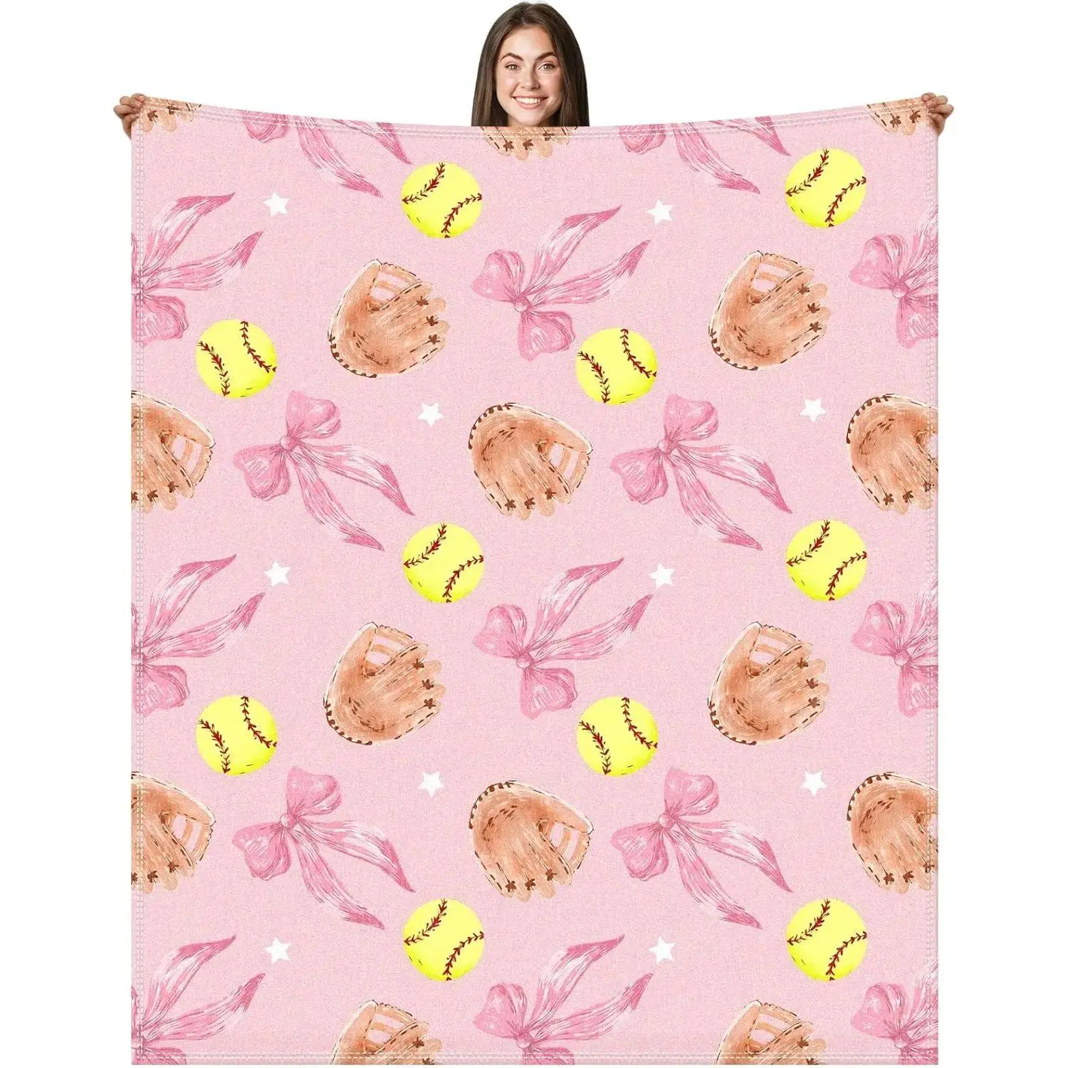 Glam Pink Softball Bow Flannel Throw Blanket - 50x60 in, 100% Polyester, Breathable Sports Print, Durable Fade-Resistant, All-Seasons Couch Blanket, Machine Washable, Cute Gift for Girls, Ideal for Adult Birthday Room Decor